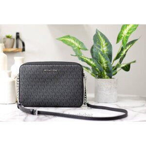 NEW Michael Kors Jet Set East West Crossbody Black Signature Logo Leather Bag L
